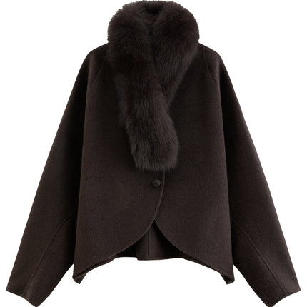 DUSHU Short Wool Coat  Fox Fur Collar and Camel Hair Women Warm Single Breasted Elegant Temperament Winter Batwing Sleeve