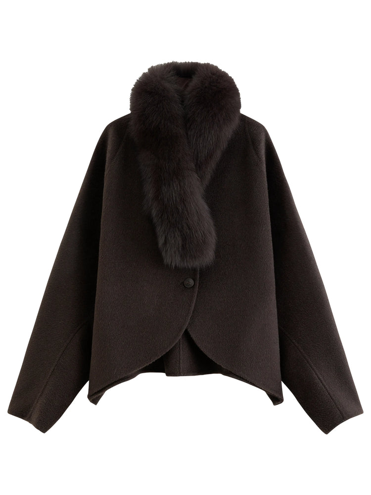 DUSHU Short Wool Coat  Fox Fur Collar and Camel Hair Women Warm Single Breasted Elegant Temperament Winter Batwing Sleeve