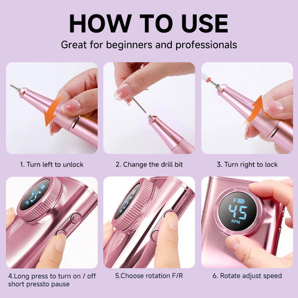 Professional Nail Drill Kit With Charging Dock, 45000RPM Cordless Electric Nail File With LCD Display, Rechargeable 4500mAh Battery Nail Efile For Acrylic & Gel Nails, Manicure Pedicure, Salon & Home Use