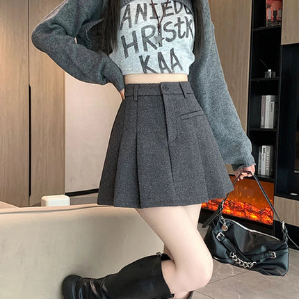 Gidyq Women Wool Mini Skirt Casual Korean Female High Waist Pleated Skirt Harajuku Fashion Streetwear Thick A Line Skirts New PlatiNum