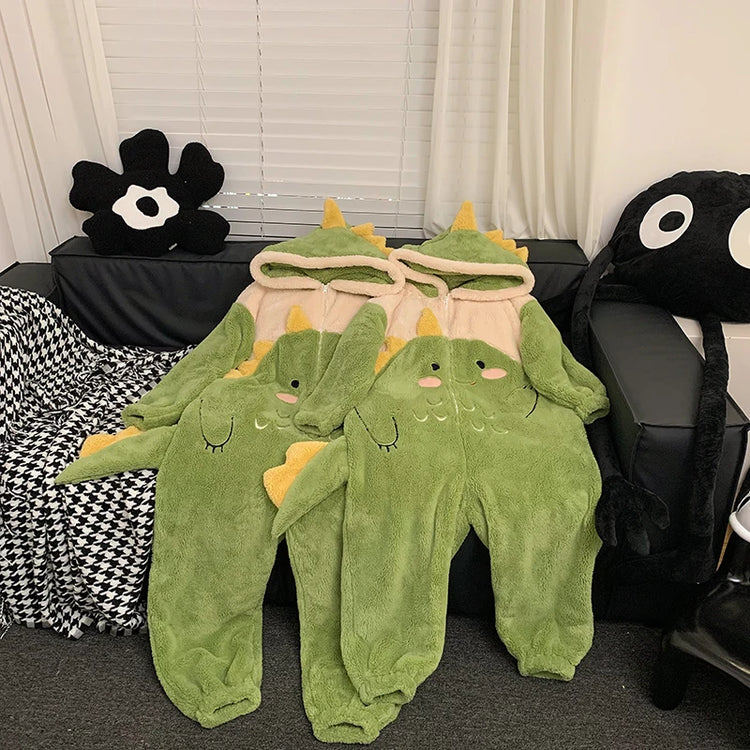 Couples Kigurumis Dinosaur Pajamas Jumpsuits Sleepwear Women Men Winter Thicken Hooded Cartoon Pyjamas Coral Fleece Loose Soft