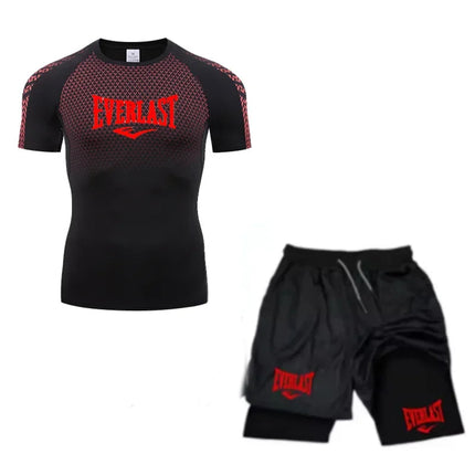 EVERLAST Men's Compress Shirt + 2-in-1 sports shorts 2pcs Set Leisure Breath Short Sleeve Sport Jogging Gym Brand Print Clothing platinumshop