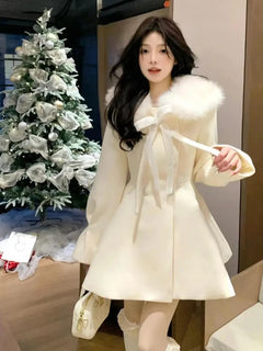 Christmas Lolita Kawaii Long Sleeve Long Blend Women Casual Pure Color Coat Sweet Anime Button Patchwork Bows 2025 Autumn