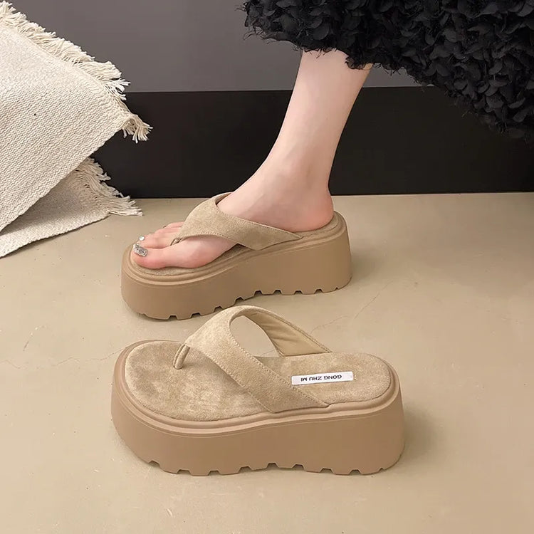 Pantofole da esterno con zeppa Infradito estive da donna con fondo spesso Infradito da spiaggia per il tempo libero a vita alta da esterno in pelle scamosciata