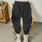 Autumn New American Retro Woven Cargo Pants Men's 97.5% Cotton Washed Elastic Waist Drawstring Loose Casual Anke-tied Trousers
