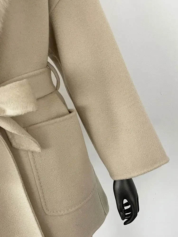 CXFS 2025 Winter Fashion Women Double-sided Wool Cashmere Coat with Detachable Natural Fox Fur Collar New design suit collar