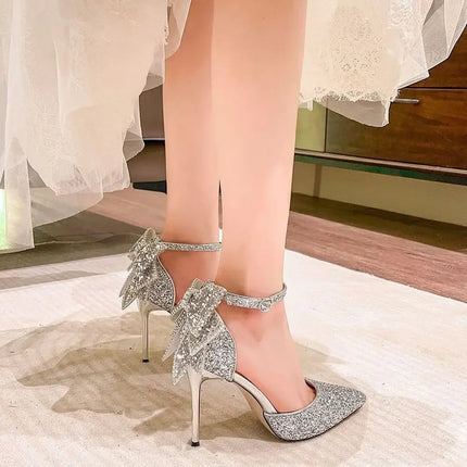 Shoes for Woman 2025 Silver Women's heeled Summer Footwear Wedding Bride Shoe Rhinestone Pointed Toe Super High Heel Diamond PlatiNum