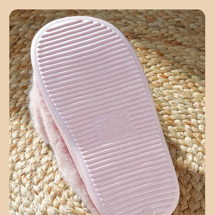 New Pink Bow Slippers Winter Women's Shoes Thick Sole Fuzzy Slippers for Home Mules Shoes Woman Fluffy Metal Bear House Slipper