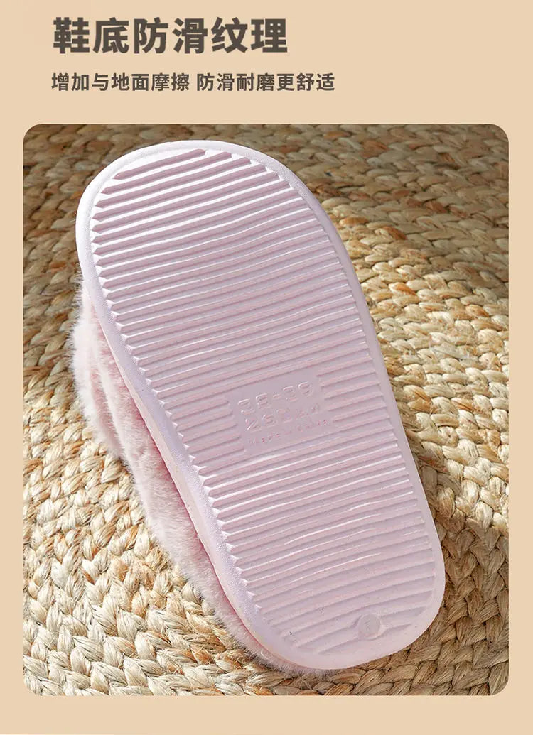 New Pink Bow Slippers Winter Women's Shoes Thick Sole Fuzzy Slippers for Home Mules Shoes Woman Fluffy Metal Bear House Slipper