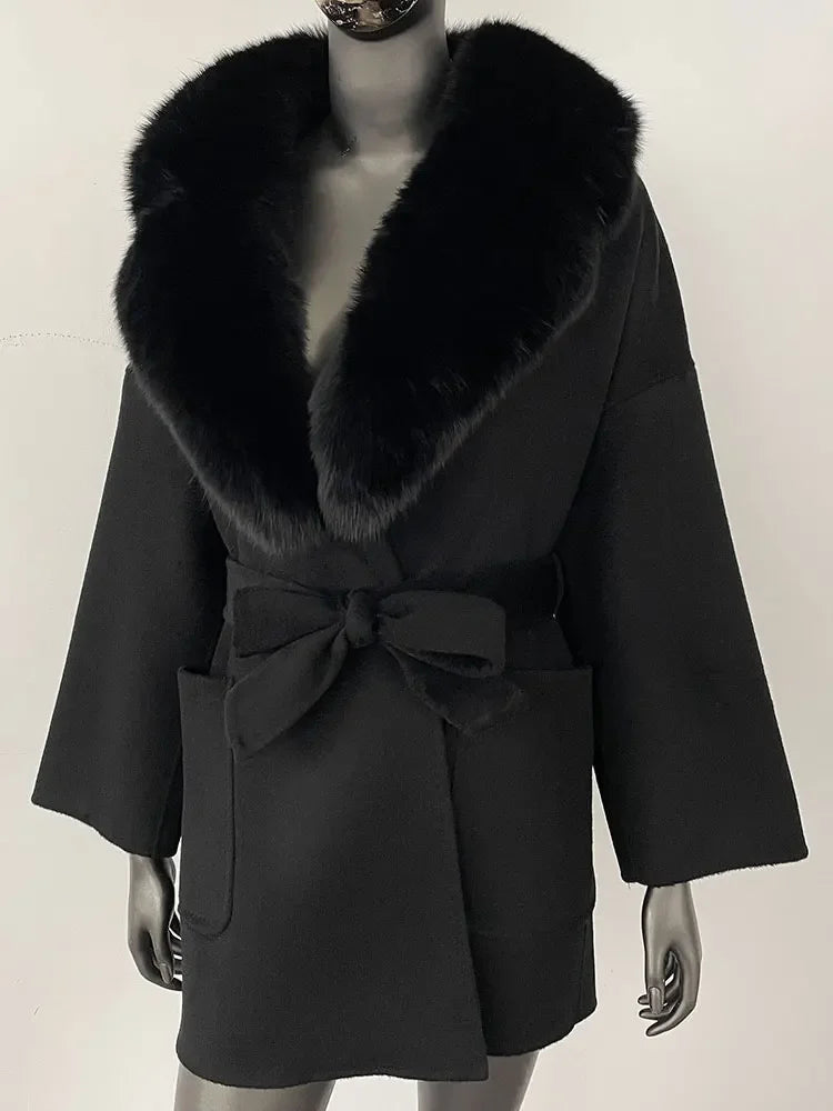 CXFS 2025 Winter Fashion Women Double-sided Wool Cashmere Coat with Detachable Natural Fox Fur Collar New design suit collar