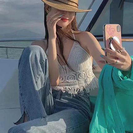 Sexy Boho Beach Holiday Canotta Halter Donna Crochet Maglia Costume da bagno Reggiseno Backless Vest Hollow Nappa Canotta Crop Top da donna platinumshop