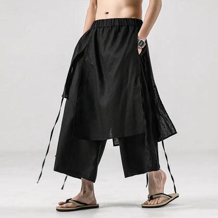 Pantaloni da uomo irregolari in cotone e lino, stile Harajuku, a gamba larga, tinta unita, casual, con elastico in vita, vestibilità ampia, stile punk