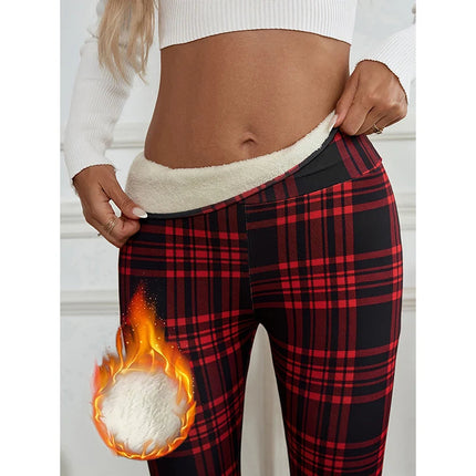Women Lamb Wool Plaid Leggings Autumn Winter Out Wear Vintage Street Warm Leggings Woman High Waist Thicken Plush Lined Leggings PlatiNum