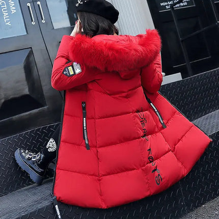 Women Winter Fur Collar Hooded Parka Coats Fashion Letter Patch Zipper Long Jacket Elegant Slim Warm Thick Female Snow Outerwear