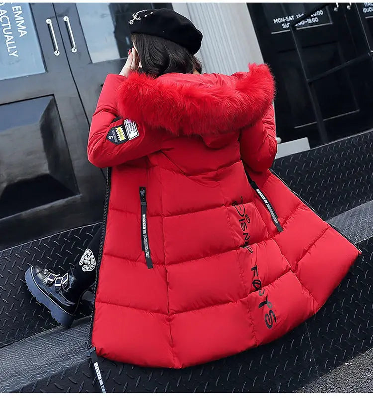 Women Winter Fur Collar Hooded Parka Coats Fashion Letter Patch Zipper Long Jacket Elegant Slim Warm Thick Female Snow Outerwear