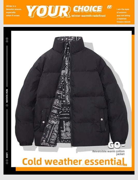 2025 New Men’s Double-Sided Bandana Print Puffer Cotton Coat - Stand-Up Collar Thickened Winter Jacket
