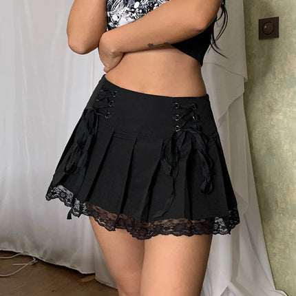 Gonna a pieghe retrò da ragazza con lacci a vita alta con cuciture a rete scozzese Orlo Y2K Minigonne nere gotiche estetiche aderenti
