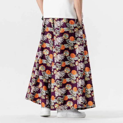 Pantaloni da samurai giapponesi da uomo con stampa drago pantaloni casual larghi da uomo stile kimono pantaloni larghi moda vintage streetwear