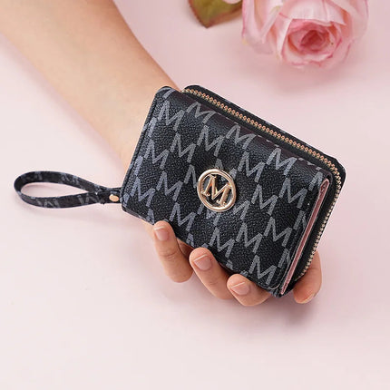 Fashionable Letter Printed Tri-Fold Compact Ladies Wallet Retro Style Card Holder PU Leather Synthetic Interior Daily Use PlatiNum
