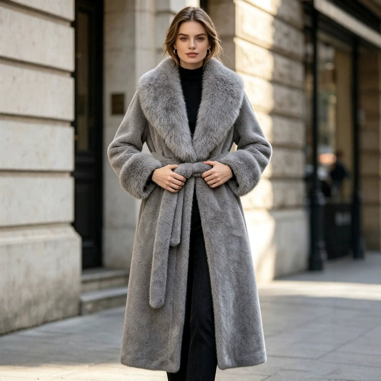 Women's Winter Trench Coat with Large Lapels, Faux Fox Fur Long Coat, Over-the-Knee Jacket