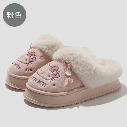 Women's Cute Cartoon Cat Plush Slippers Winter Warm Indoor Non-Slip Bow Embroidered Closed Toe Soft Fluffy House Shoes for Ladie