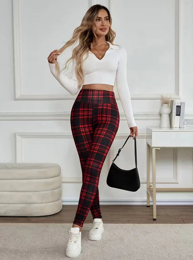 Women Lamb Wool Plaid Leggings Autumn Winter Out Wear Vintage Street Warm Leggings Woman High Waist Thicken Plush Lined Leggings PlatiNum