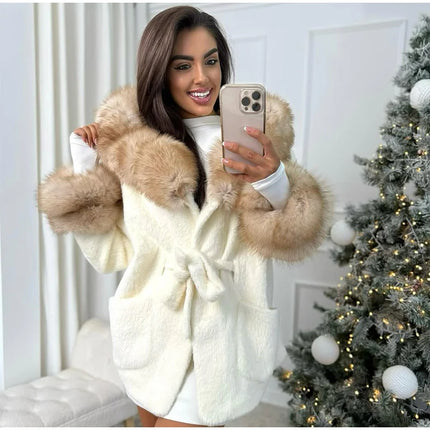 Cotton Lined Furry Fur Collar Belts Jacket Women Fashion Long Sleeve Thicken Warm Female Coat 2025 Winter Street Casual Outwear