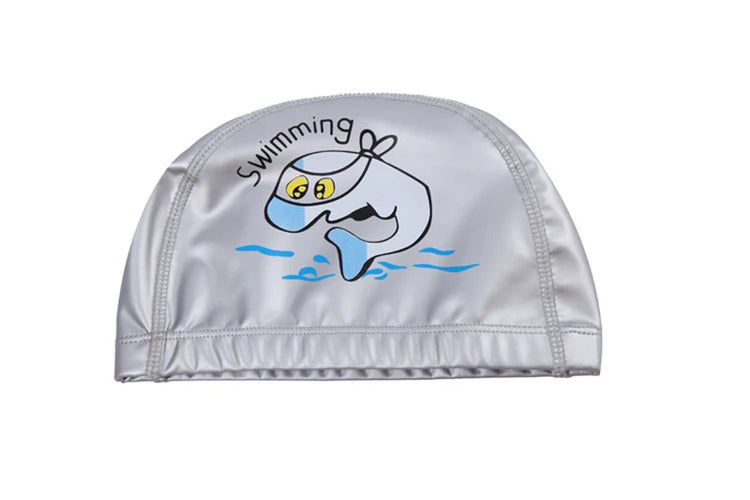 Cuffia da nuoto per bambini Tessuto PU impermeabile Simpatico cartone animato Animale Delfino Proteggi le orecchie Capelli lunghi Ragazzi Ragazze Cuffia da piscina Cappello