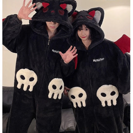 Cartoon Devil Pajamas Couples Women Men Onesie Sleepwear Winter Thicken Hooded Loungewear Coral Fleece Homewear Pijama Disfraz