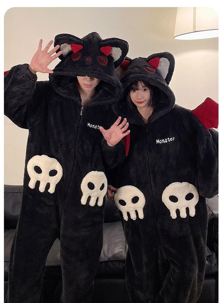 Cartoon Devil Pajamas Couples Women Men Onesie Sleepwear Winter Thicken Hooded Loungewear Coral Fleece Homewear Pijama Disfraz