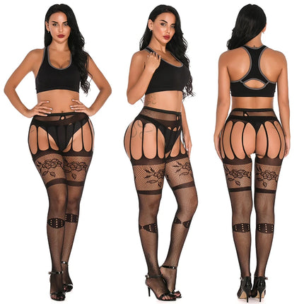 Collants en strass pour femme avec ceinture, ensemble de collants résille taille haute, lingerie érotique, collants sexy à imprimé floral, chaussettes longues en dentelle résille