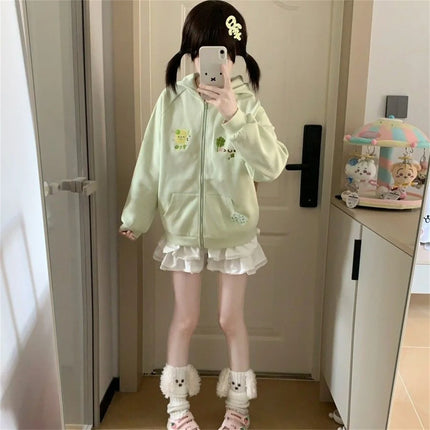 Women Clothing Anime Zip-up Hoodie Jackets Cat Embroidery Cute Outerwear Hooded Casual Fashion Sweatshirts Japanese Cute Tops