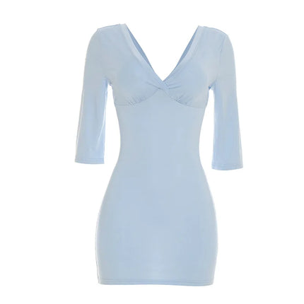 Women's Tsiisd Blue Mini Dress with Deep V-Neck, Elegant Bodycon Dress for Office, Summer, Daily, Streetwear, Fashion, Party