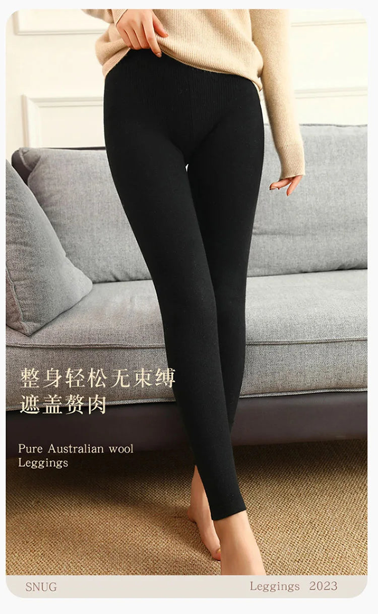 Adult Winter Thermal Thickened High-Waist Wool Leggings Pure Wool Base Layer Knit Pants Thigh-High Tights for Autumn
