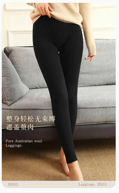 Adult Winter Thermal Thickened High-Waist Wool Leggings Pure Wool Base Layer Knit Pants Thigh-High Tights for Autumn