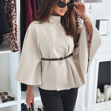 Women Single Buckle Batwing Sleeve Coat Autumn Winter Elegant Lady Tweed Waist Cinching Poncho Trend Thick Warm Loose Outwear
