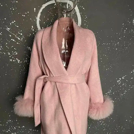 UCXQ Elegant OL Office Lady Overcoats Fur Patchwork Long Sleeve Woolen Coat Beautiful Women's Clothing Jacket Autumn 2025 Winter
