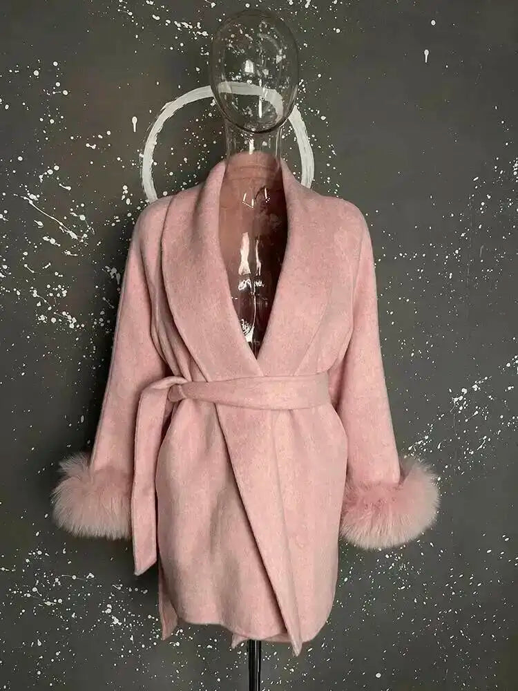 UCXQ Elegant OL Office Lady Overcoats Fur Patchwork Long Sleeve Woolen Coat Beautiful Women's Clothing Jacket Autumn 2025 Winter
