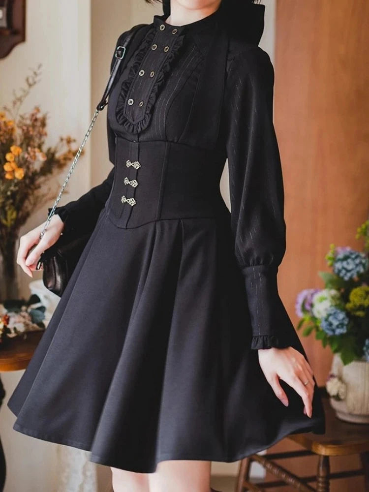 Autumn Japanese Gothic Y2k 3 Piece Set Women Elegant Long Sleeve Shirt Shawl Coat Slim Strap Dresses Korean Female Dark Outfits