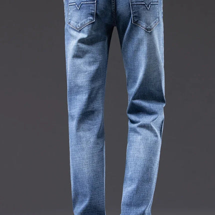 Autumn Men's Business Straight Fit Jeans Vintage Blue Smoke Gray Stretch Trousers Soft Comfortable Fabric Denim Pants Male PlatiNum
