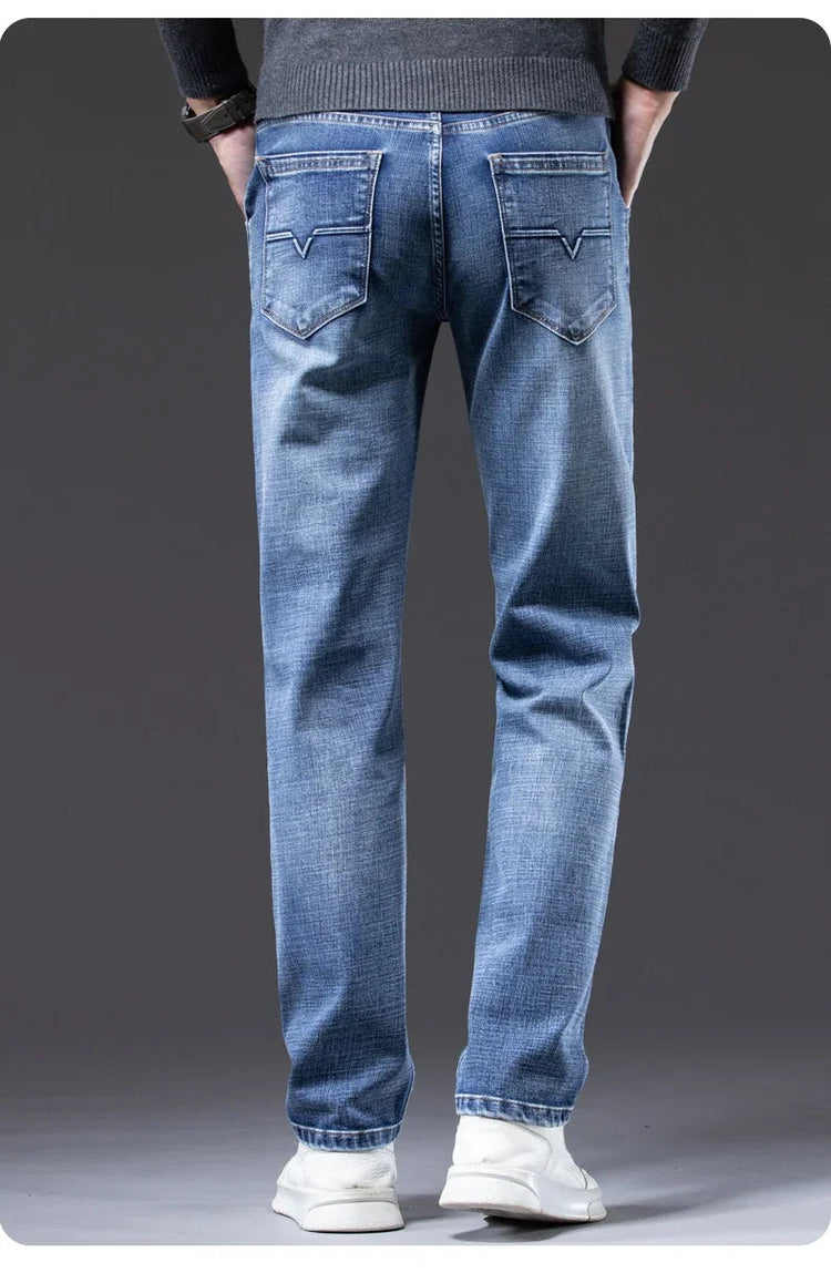 Autumn Men's Business Straight Fit Jeans Vintage Blue Smoke Gray Stretch Trousers Soft Comfortable Fabric Denim Pants Male PlatiNum