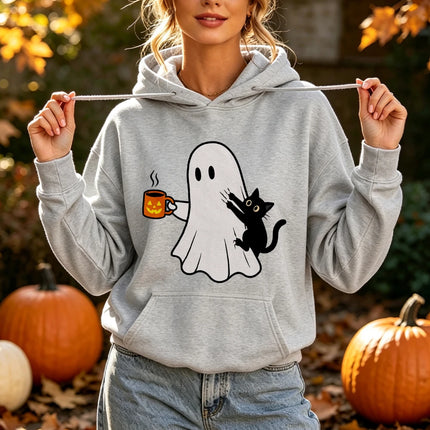 Ghost Black Cat Coffee Print Halloween Hoodie Spooky Season Graphic Pullover Women Fall Holiday Daily Wear Top Hoodies Women