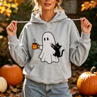Ghost Black Cat Coffee Print Halloween Hoodie Spooky Season Graphic Pullover Women Fall Holiday Daily Wear Top Hoodies Women