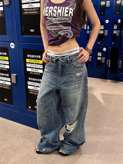 YIBASHU Jeans Larghi Blu da Donna, Pantaloni in Denim Strappati Stile Americano Retrò Y2K, Lavati, Designer Giapponese Harajuku, Gamba Larga, Lunghi