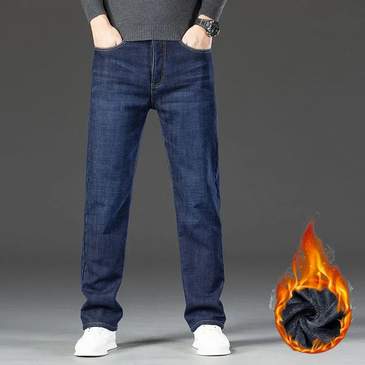 2026 Winter Thermal Stretch Jeans Men New Loose Straight Leg Casual Trousers Male Daily Commute Windproof Denim Pants