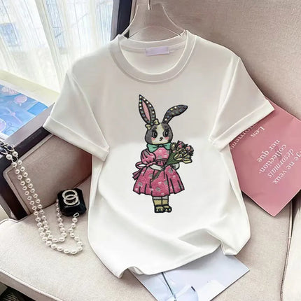 T-shirt da donna a maniche corte girocollo casual con stampa cartoon, oversize, stile Y2K, patchwork, con strass, moda estiva