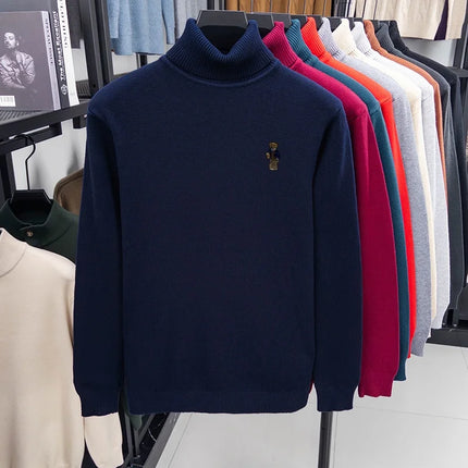 High-End Man Spring Long-Sleeved Knitwear Bear Print High Neck Hot Pullover Versatile Trend Leisure Warm Sweater Men's Clothing