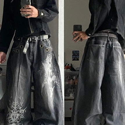American New Fashion modello oversize stampato jeans lavati uomo Y2K gotico rock popolare casual Joker pantaloni a gamba larga a vita alta
