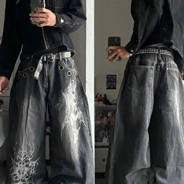 American New Fashion modello oversize stampato jeans lavati uomo Y2K gotico rock popolare casual Joker pantaloni a gamba larga a vita alta