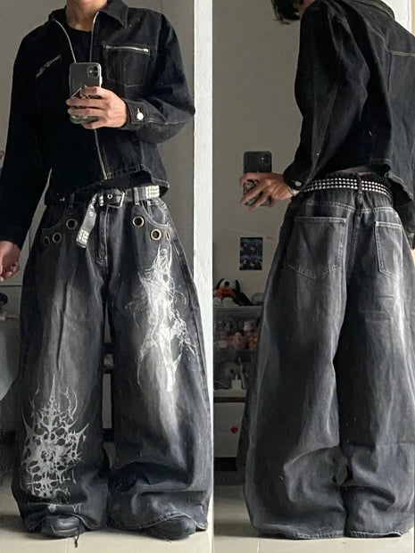 American New Fashion Oversized Printed Washed Jeans Men Y2K Gothic Rock Popular Casual Joker High-waisted Wide-leg Pants